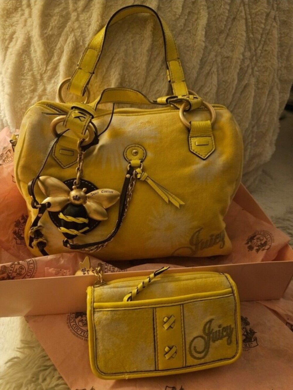 2 Pc. Juicy Couture Y2k Yellow Bumblebee Velour Handbag with Matching Wallet